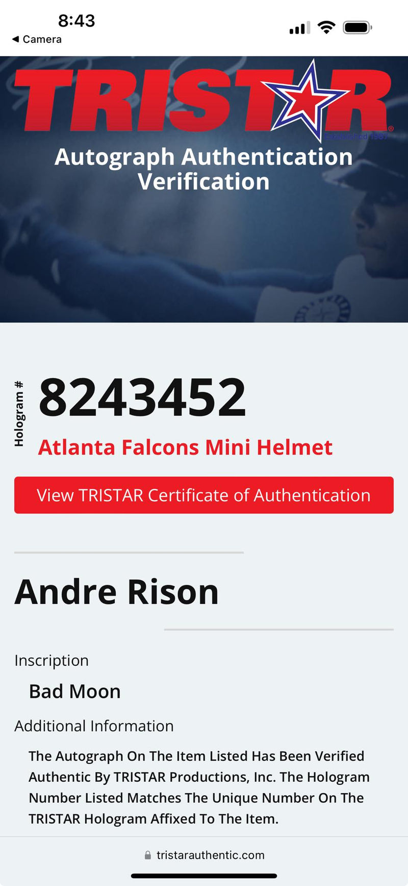 Andre Rison Signed Mini Helmet Bad Moon Script Atlanta Falcons Tristar Certified