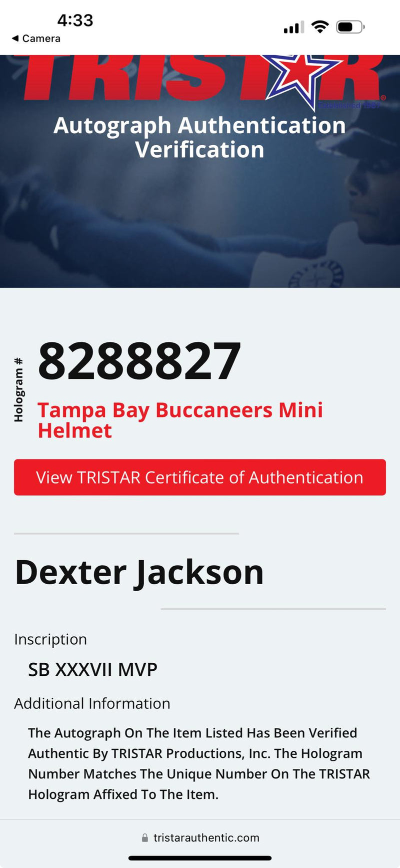 Dexter Jackson Signed Speed Flash Mini Helmet SB 37 MVP Script Tampa Bay Buccaneers Tristar Certified