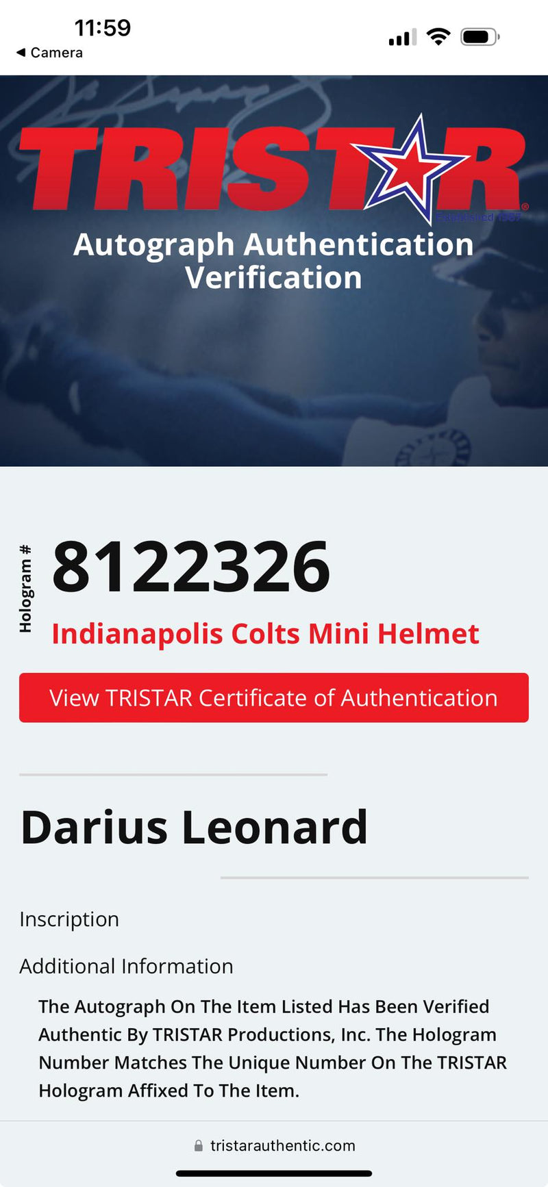 Darius Leonard Signed Mini Helmet Indianapolis Colts Tristar Certified