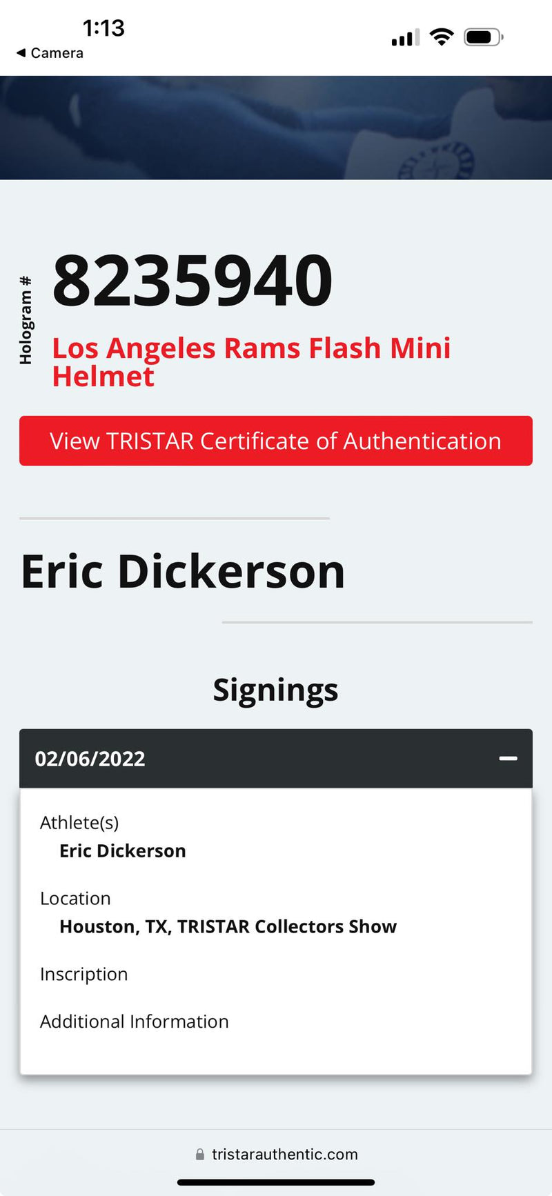 Eric Dickerson Signed Speed Flash Mini Helmet Los Angeles Rams Tristar Certified