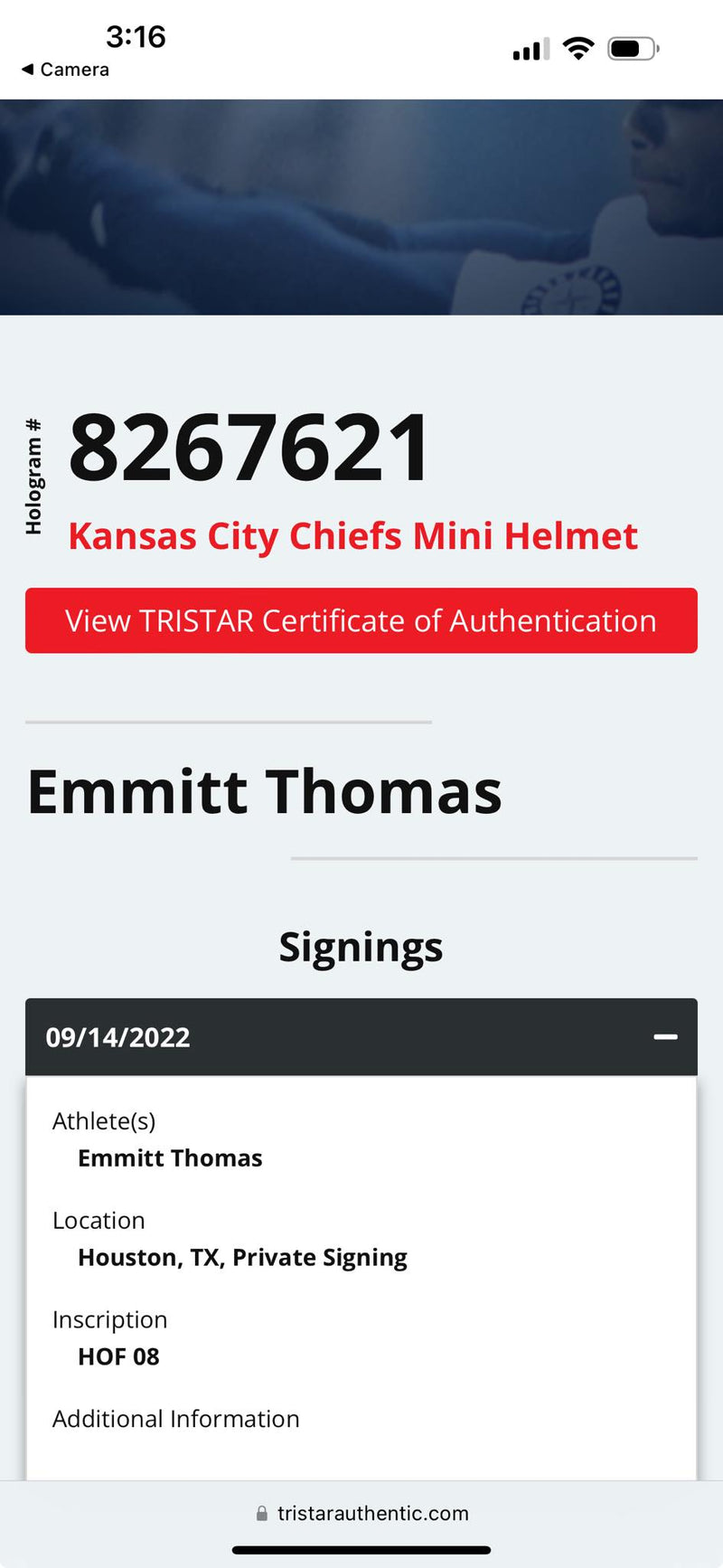 Emmitt Thomas Signed Mini Helmet HOF 08 Script Kansas City Chiefs Tristar Certified