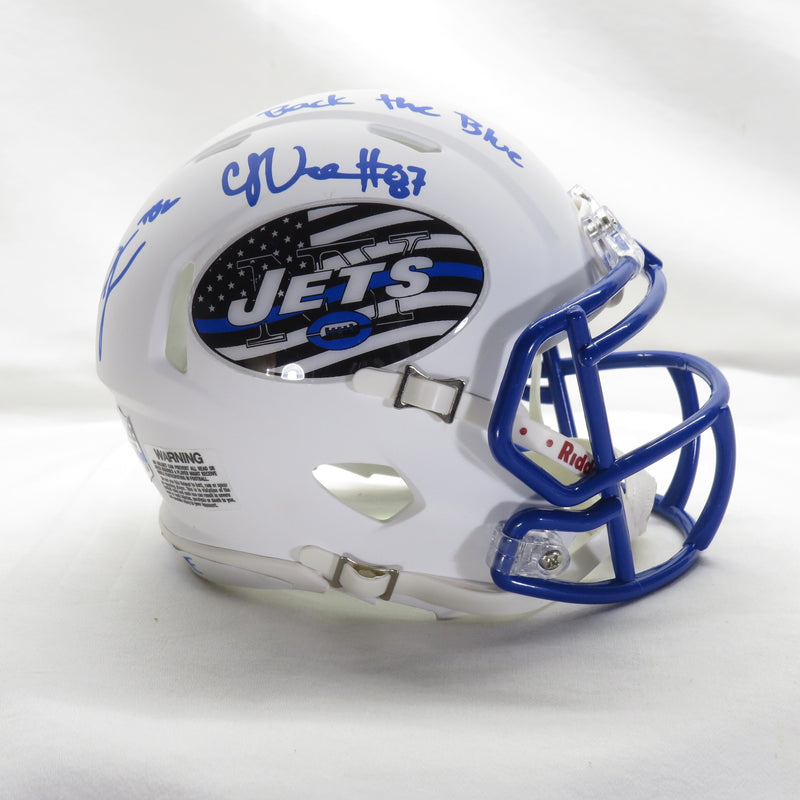 Jermiane Johnson & CJ Uzomah Signed Custom Thin Blue Line Mini Helmet New York Jets