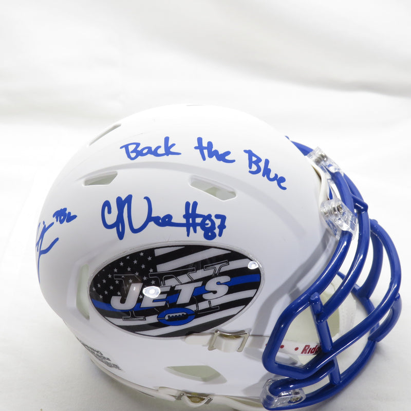 Jermiane Johnson & CJ Uzomah Signed Custom Thin Blue Line Mini Helmet New York Jets