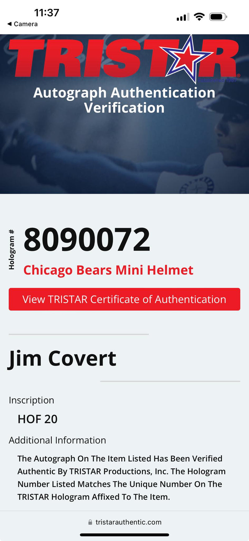 Jim Covert Signed Mini Helmet HOF 20 Script Chicago Bears Tristar Certified