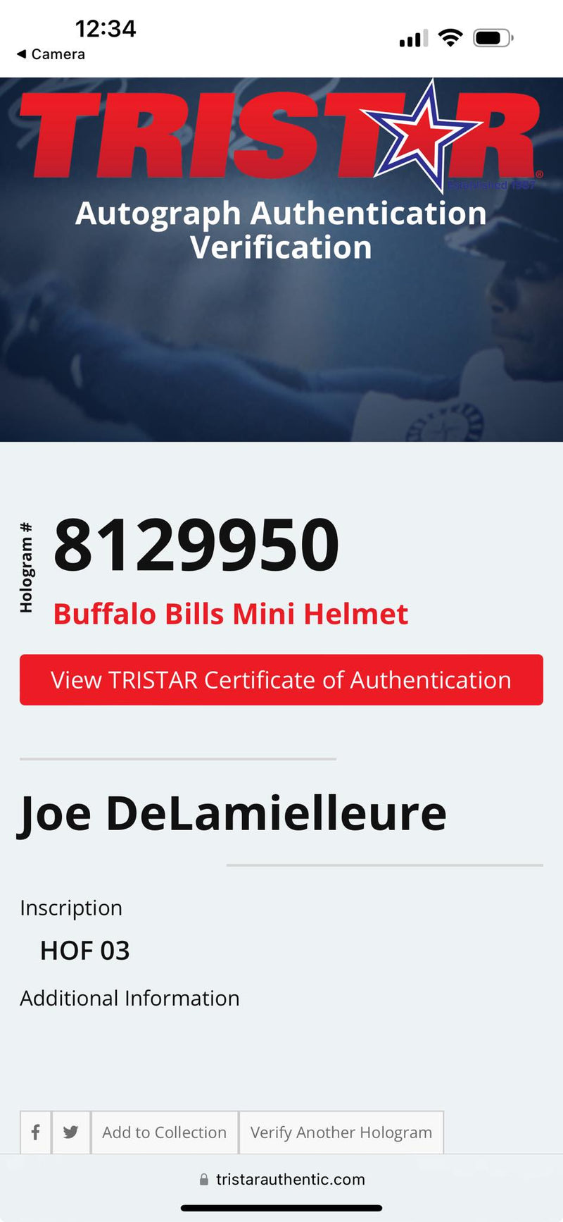 Joe Delamielleure Signed Mini Helmet HOF 03 Script Buffalo Bills Tristar Cert