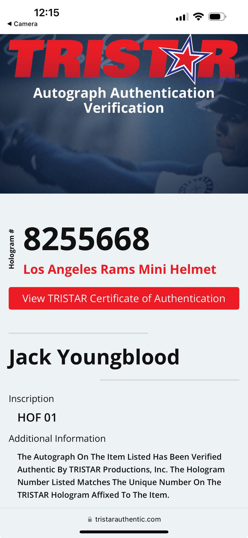 Jack Youngblood Signed Mini Helmet HOF 01 Script Los Angeles Rams Tristar Cert