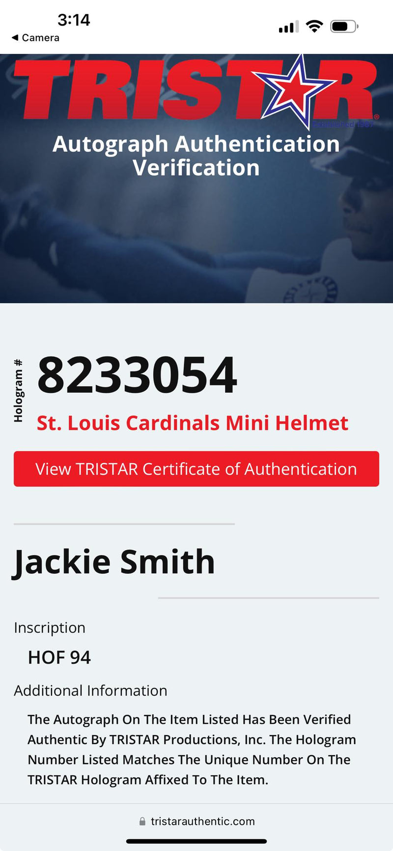 Jackie Smith Signed Mini Helmet HOF 94 Script Arizona Cardinal Tristar Certified