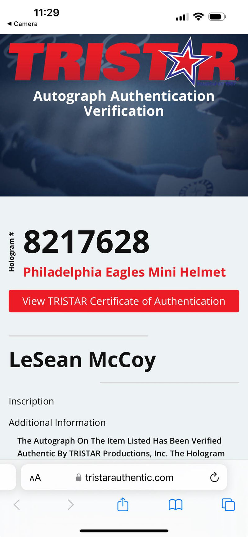 LeSean McCoy Signed Speed Mini Helmet Philadelphia Eagles Tristar Certified