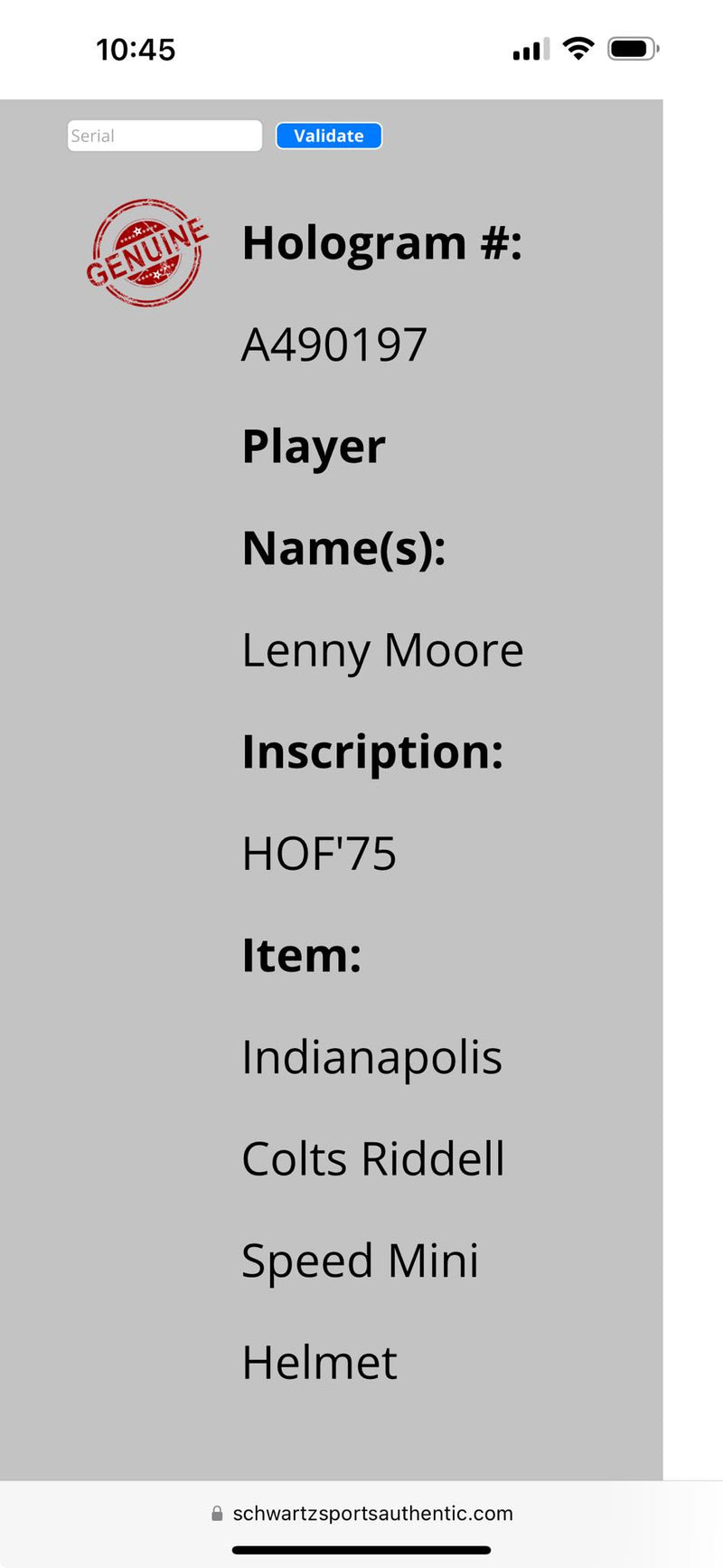 Lenny Moore Signed Speed Mini Helmet HOF 75 Script Indianapolis Colts Schwartz Sports Authentic