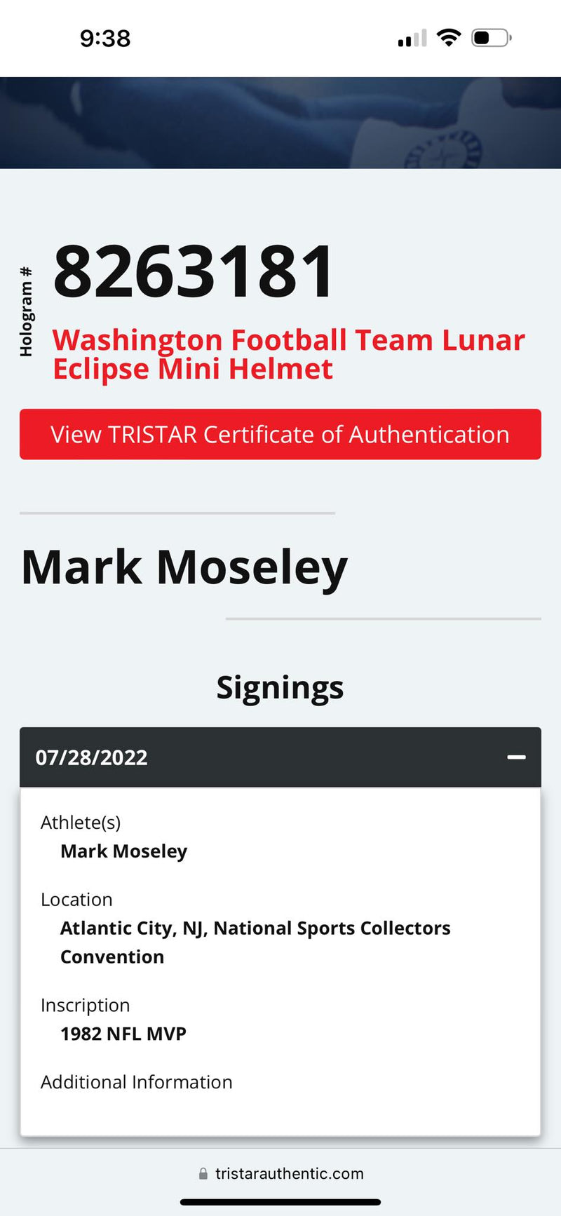 Mark Mosley Signed Lunar Mini Helmet 82 NFL MVP Script WFT Tristar Certified