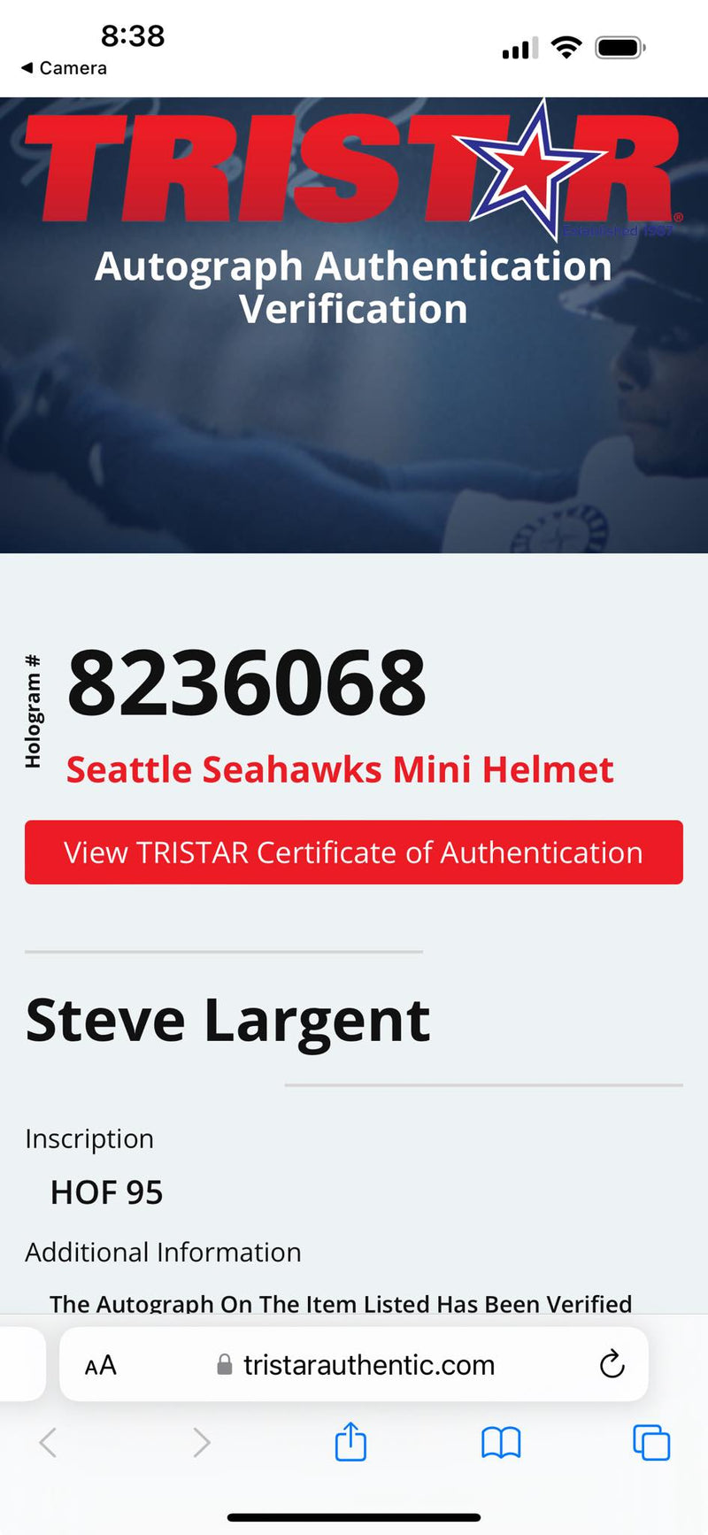 Steve Largent Signed Mini Helmet HOF 95 Script Seattle Seahawks Tristar Cert