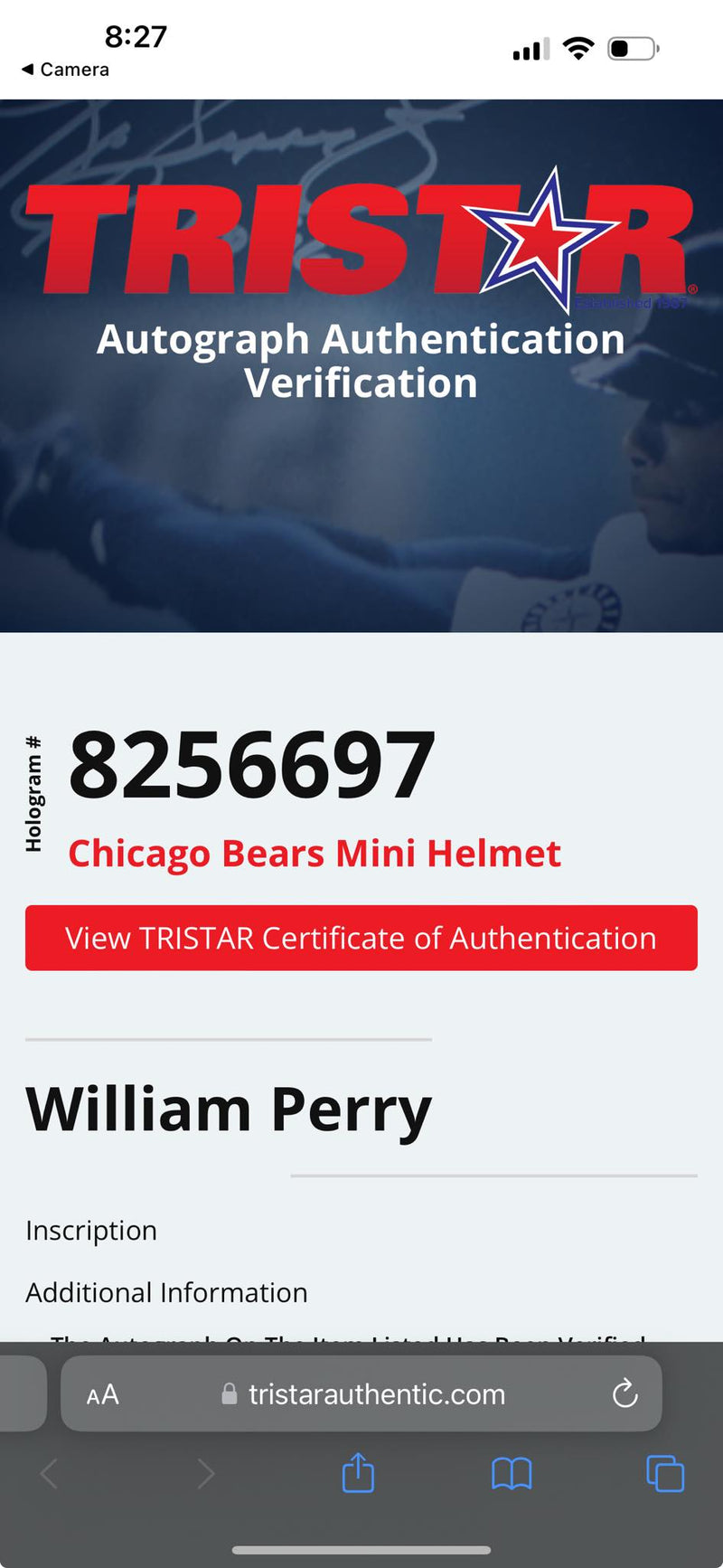 William Perry Signed Mini Helmet Chicago Bears Tristar Certified