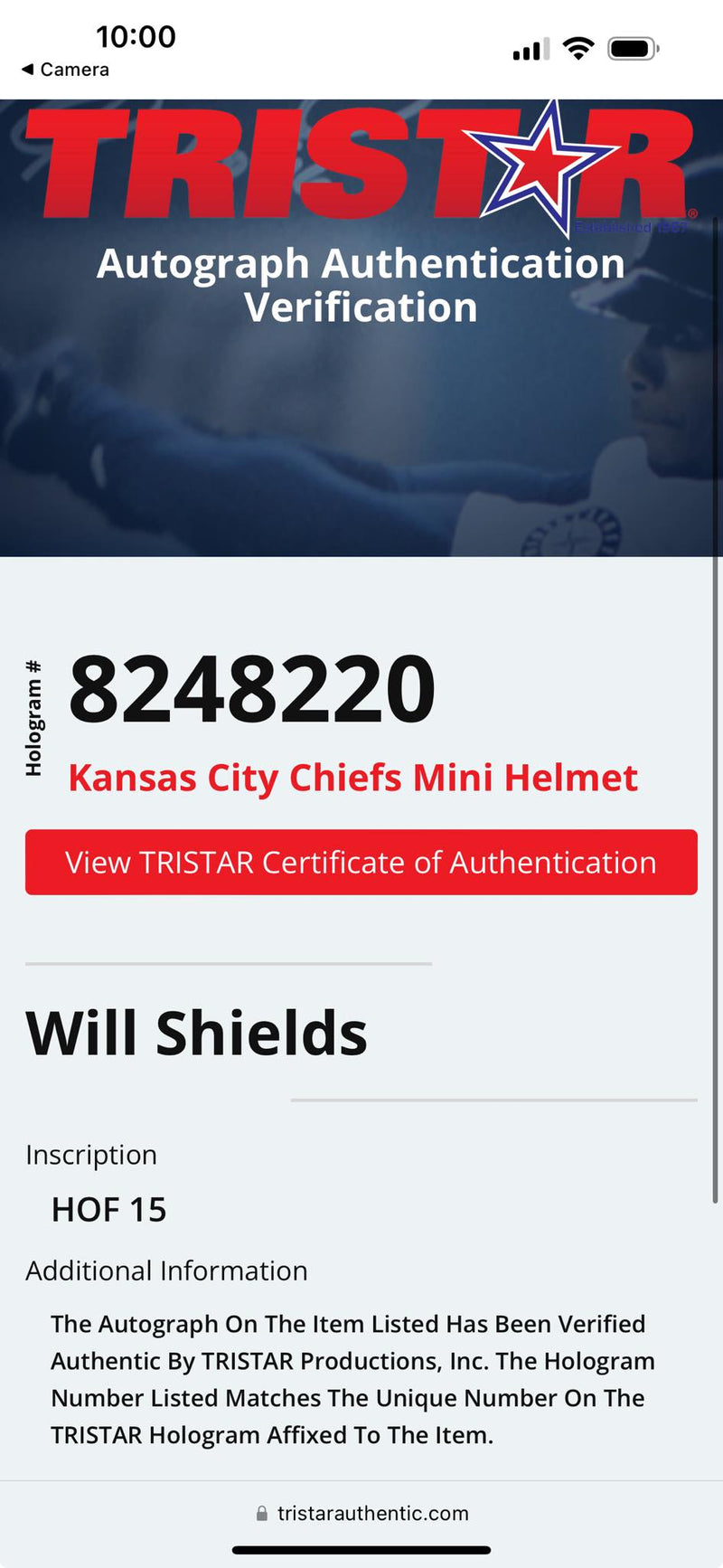 Will Shields Signed Speed Mini Helmet HOF 15 Script KC Chiefs Tristar Cert