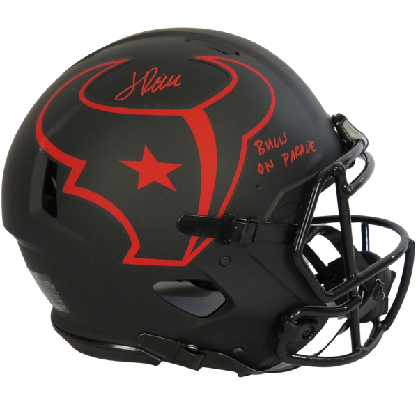 Jalen Pitre Signed Speed Auth Helmet Eclipse w Bulls on Parade White Ink Houston Texans