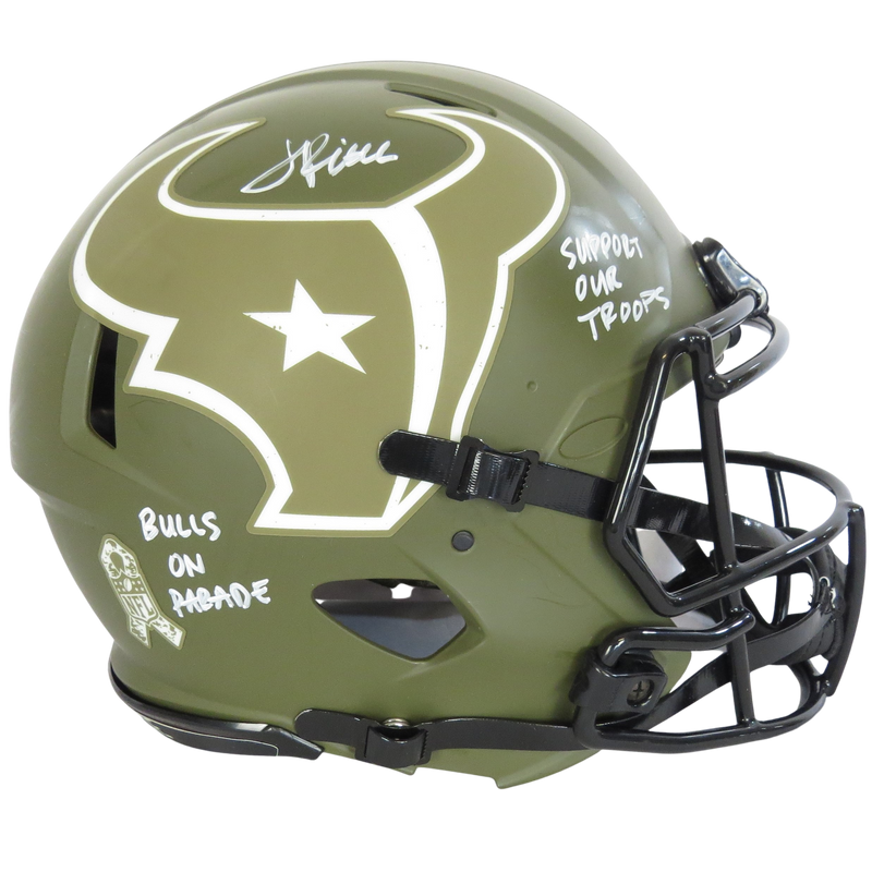 Jalen Pitre Signed Speed Auth Helmet STS w Bulls on Parade - Support Our Troops White Ink Houston Texans